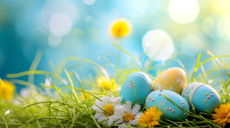 Easter eggs in grass with daisies on bokeh backgroundの素材