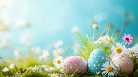 Colorful easter eggs and daisy flowers on green grass over blue backgroundの素材