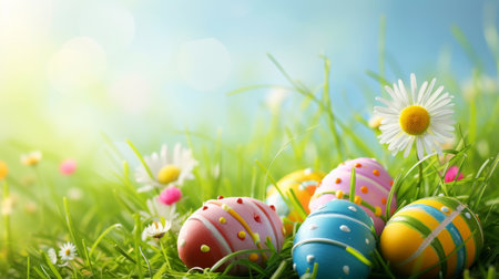 Easter eggs on green grass with daisies, spring backgroundの素材