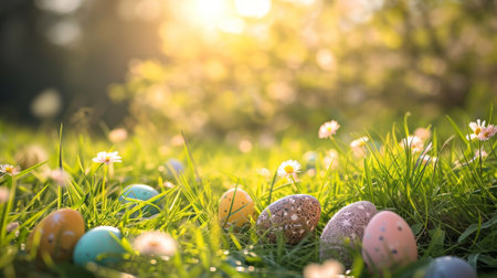 Easter eggs in the grass with flowers. Easter holiday concept.の素材