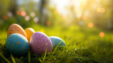 Colorful easter eggs in the grass with bokeh backgroundの素材