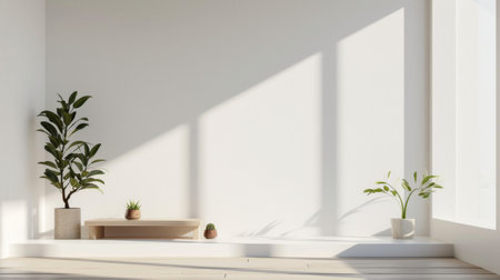Minimalist living room with white walls, wooden floor, white round coffee table and plants. 3d renderingの素材
