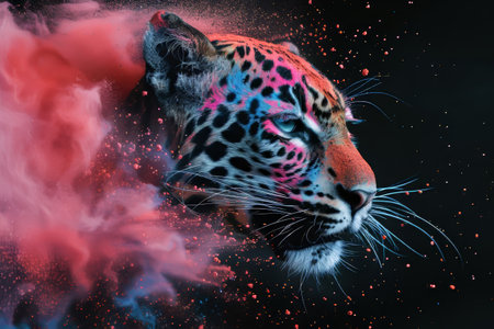 Jaguar portrait with colorful smoke on black background, closeupの素材
