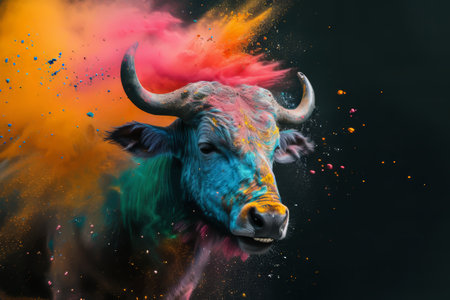 Bull with colorful splashes of paint on a black background. 3d renderingの素材