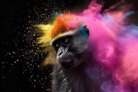 Portrait of a monkey with colorful paint splashes on black backgroundの素材