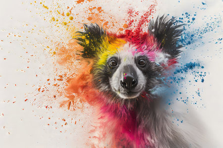 Funny dog with colorful paint splashes on a white background.の素材