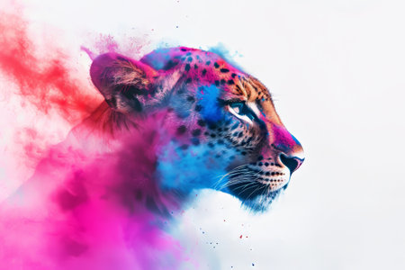 Portrait of a leopard with colorful paint splashes on a white backgroundの素材