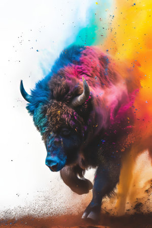 Beautiful big bison with colorful splashes on a white backgroundの素材