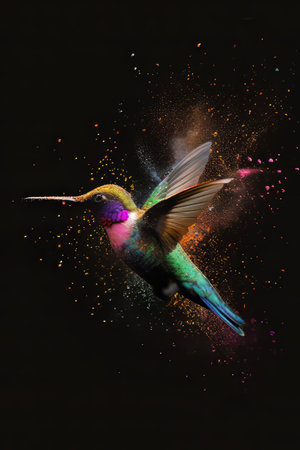 Hummingbird with colorful paint splashes isolated on black background.の素材