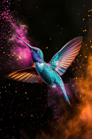 Hummingbird with colorful smoke on black background. Collage.の素材