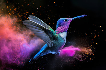 Hummingbird with colored dust on black background. Collage.の素材