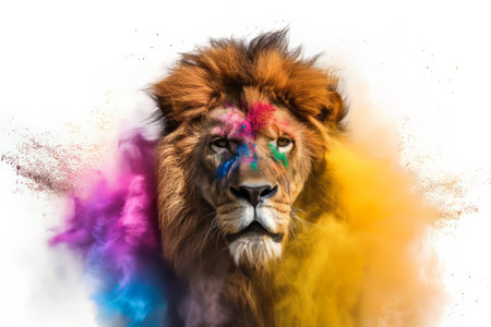 Portrait of a lion with colored powder splashes on a white backgroundの素材