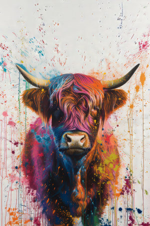Bull head with colorful paint splashes on grunge background. Abstract color painting.の素材