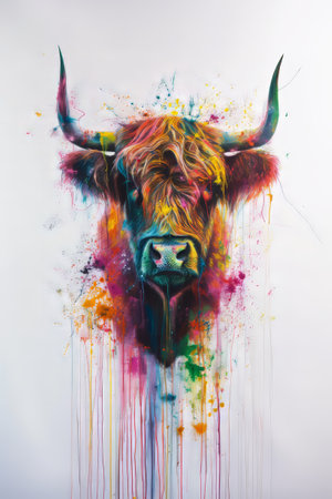 Colorful portrait of a bull with watercolor paint splashes.の素材