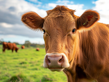 Portrait of a brown cow on a green meadow in the Netherlandsの素材
