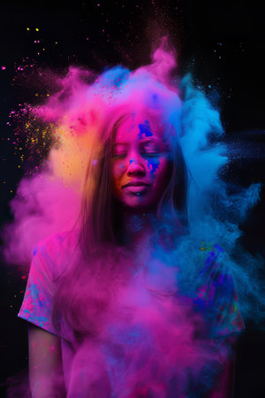 Portrait of a beautiful girl in colored powder on a black backgroundの素材