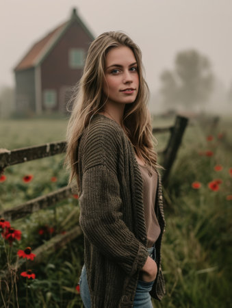 Young beautiful girl with long blond hair in a knitted sweater on a field with red poppiesの素材