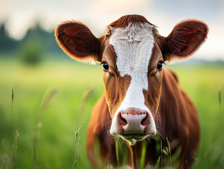 Portrait of a young cow on a green meadow at sunsetの素材