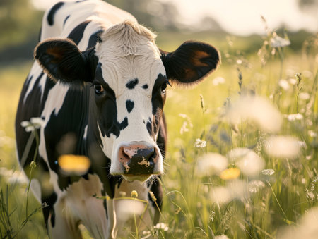 Close up of a young cow in a meadow in summer.の素材