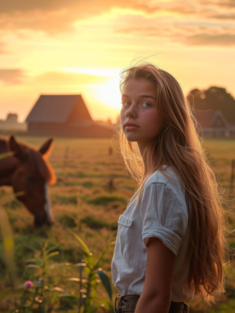 Portrait of a beautiful girl in a field with horses at sunsetの素材