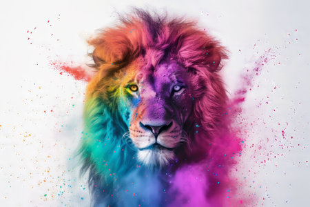 Colorful portrait of a lion with colored powder on a white backgroundの素材