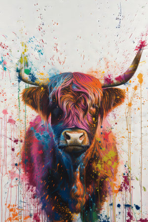 Bull head with colorful splashes on white background. Abstract color painting.の素材