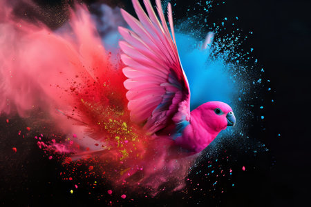 Flying pink parrot with colorful paint splashes isolated on black backgroundの素材
