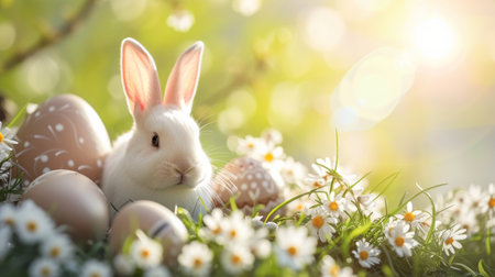 Easter bunny and easter eggs on green grass with daisiesの素材