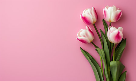 Bouquet of white and pink tulips on a pink backgroundの素材