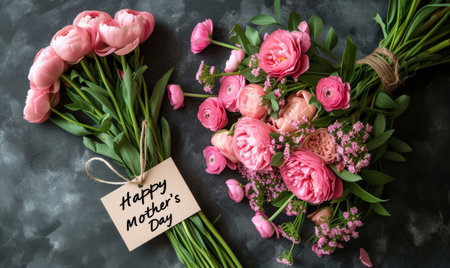 Bouquet of pink ranunculus flowers and card with text Happy Mother's Dayの素材