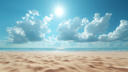 3d render of beautiful beach and blue sky background with white cloudsの素材