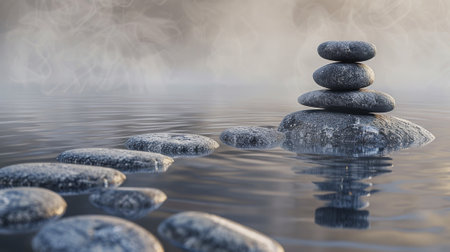 zen stones on the water, meditation concept, 3d render illustrationの素材