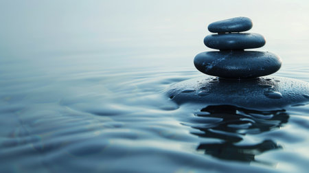 zen stones on water with ripples and blue sky - meditation conceptの素材