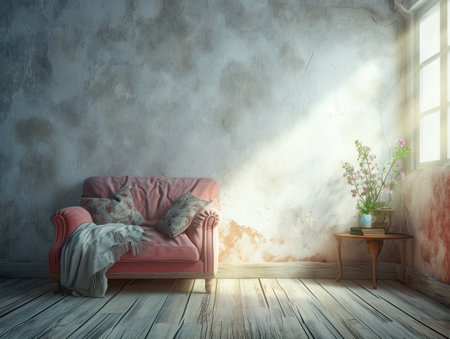 interior with red sofa and a vase of flowers. 3d renderの素材