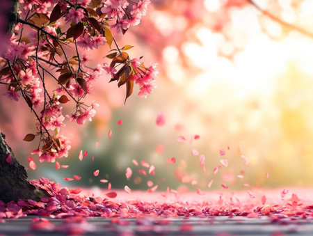 cherry blossom tree with pink petals on a blurred backgroundの素材