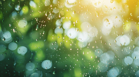Raindrops on the window with green bokeh background. Close up.の素材
