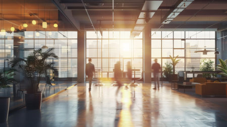 Business people walking in modern office lobby with sunlight. 3D Renderingの素材