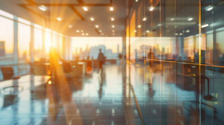 Blurred image of business people walking in modern office building at sunset.の素材