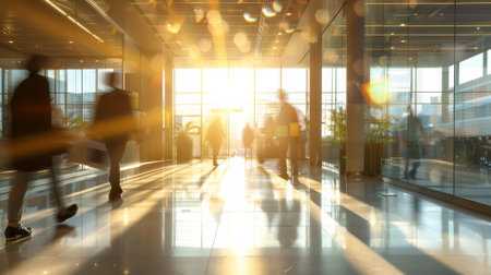 Blurred image of business people walking in the lobby of the airportの素材