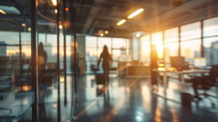 Blurred image of business people walking in the office at sunrise.