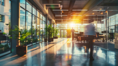 Business people walking in modern office lobby. Blurred background and sunlight effect.の素材