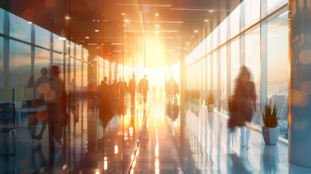 Silhouette of business people walking in office lobby with sunlight.の素材