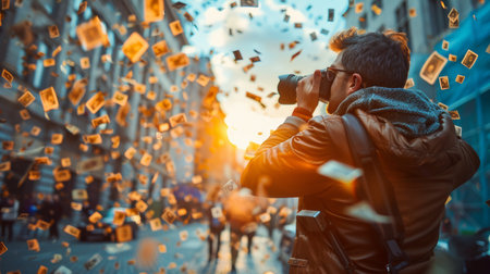 Young man with camera taking photos of falling banknotes in the cityの素材
