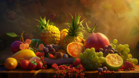 Fruits were placed together in a wooden box, with a blurred background.の素材