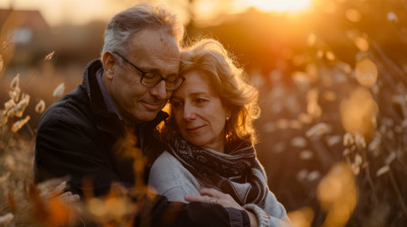 Portrait of a senior couple on a walk in the autumn parkの素材