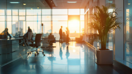 Silhouettes of business people walking in a modern office at sunriseの素材