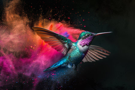 Hummingbird in colorful powder explosion, isolated on black background.の素材