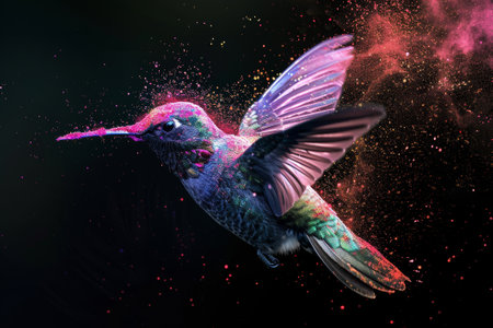 Hummingbird in action on a black background with colored particles.の素材