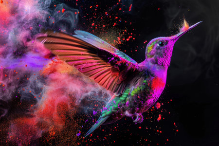 Hummingbird with colorful smoke on a black background. Collage.の素材