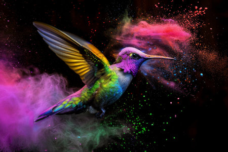 Hummingbird with colorful smoke on black background. Collage.の素材
